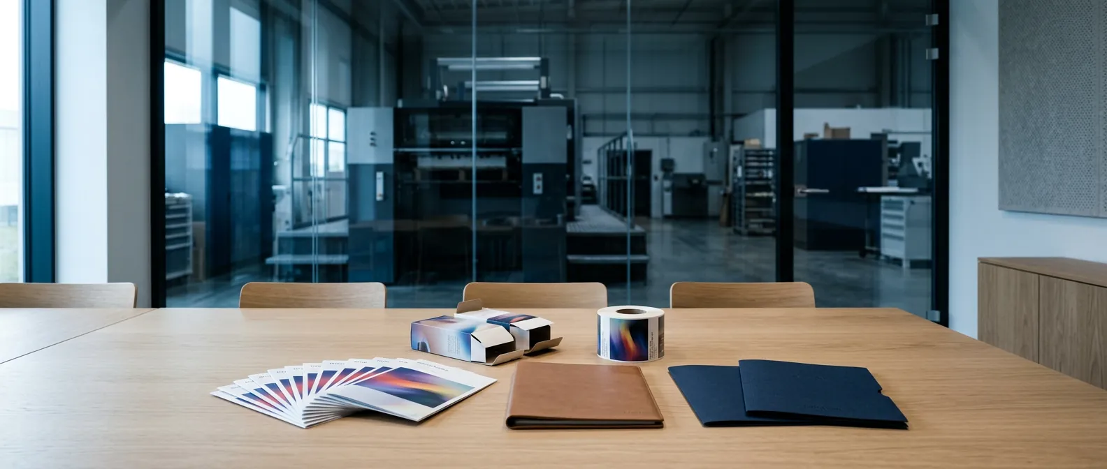Illustrative meeting room with printed samples and presentation folders, overlooking a print production floor