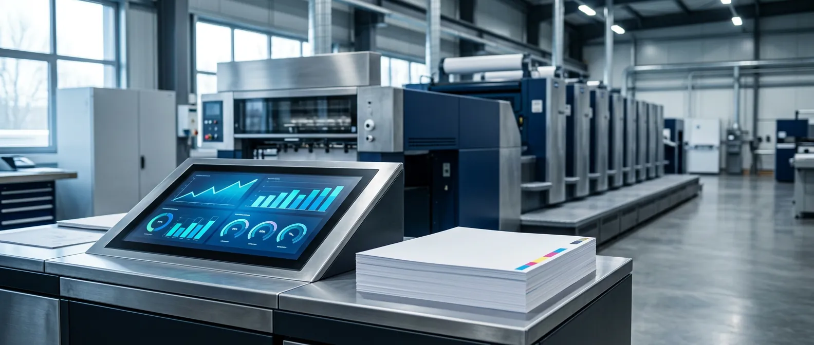 Illustrative press console showing production charts beside a stack of printed sheets