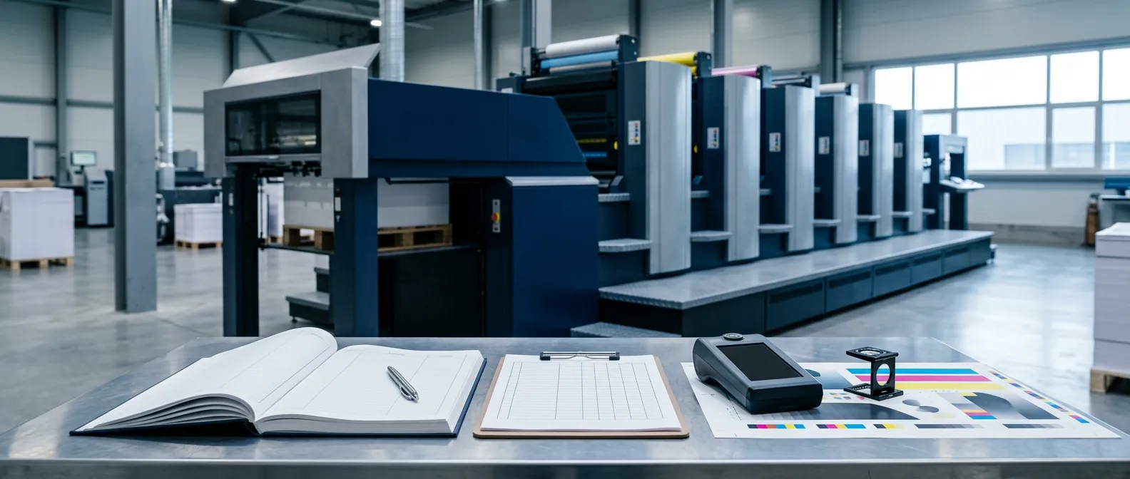 Illustrative press-side assessment: maintenance logbook, inspection checklist, densitometer and loupe beside an offset press
